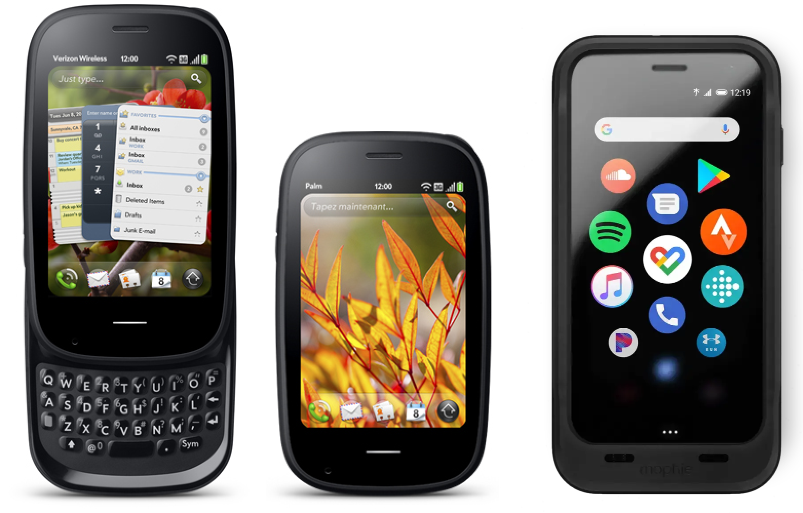 左中:Palm Pre 2 有小横条,右:Palm Phone 有 3 个点
