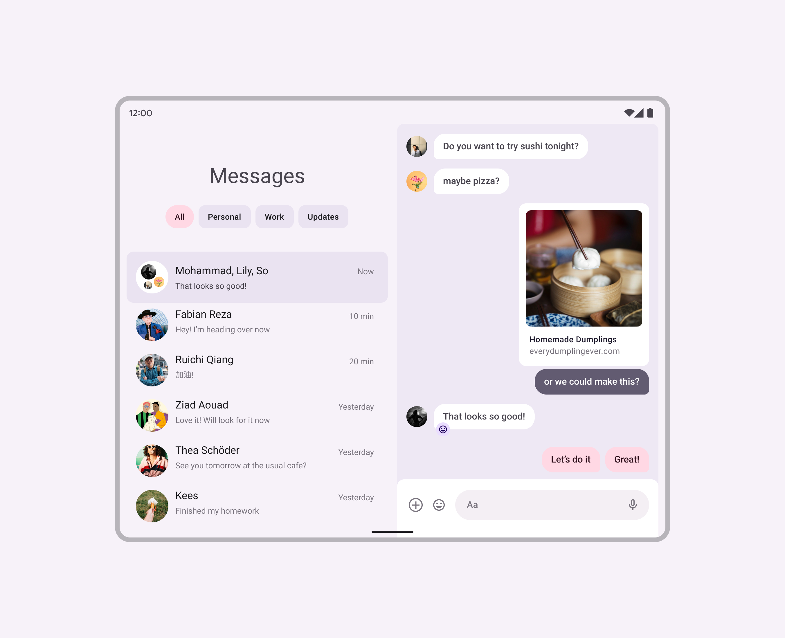 即时通讯 App，显示联系人列表和他们的对话